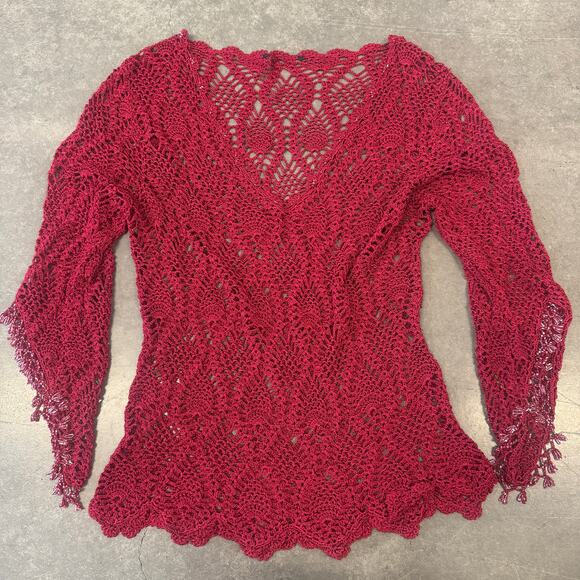 Vintage Y2K Red Knit Embellished 3/4 Flare Sleeve Asymmetrical Holiday Medium - Picture 1 of 4
